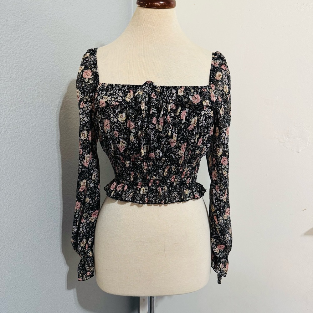 Forever 21 Women Floral Cottagecore Long Sleeves Boho Elastic Waist Blouse Sz M
